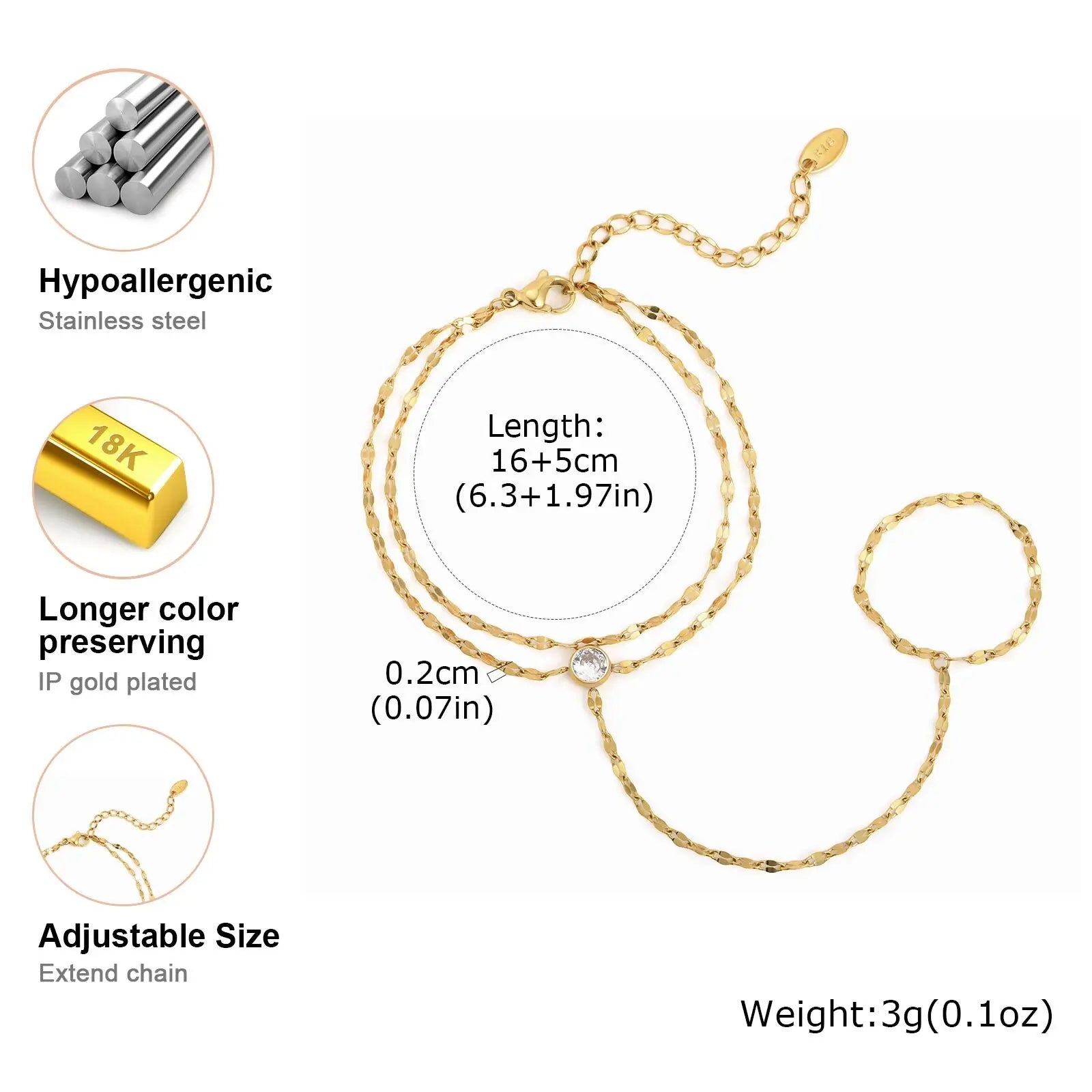 Stainless Steel Hand Chain Ring Bracelet for Women, Adjustable Gold Plated Double Layer Finger Bracelets Summer Party Jewelry
